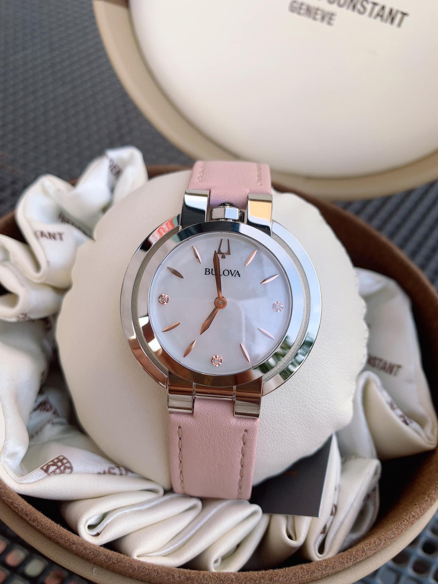 Đồng Hồ Nữ Bulova Diamond Accent Pink Leather Strap 96P197